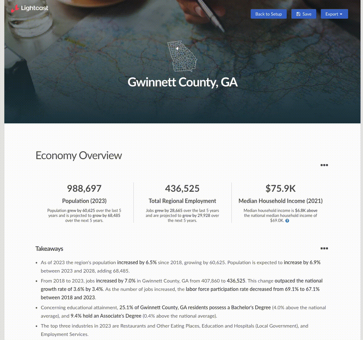 An example of a Gwinnett Economy Overview report in Developer