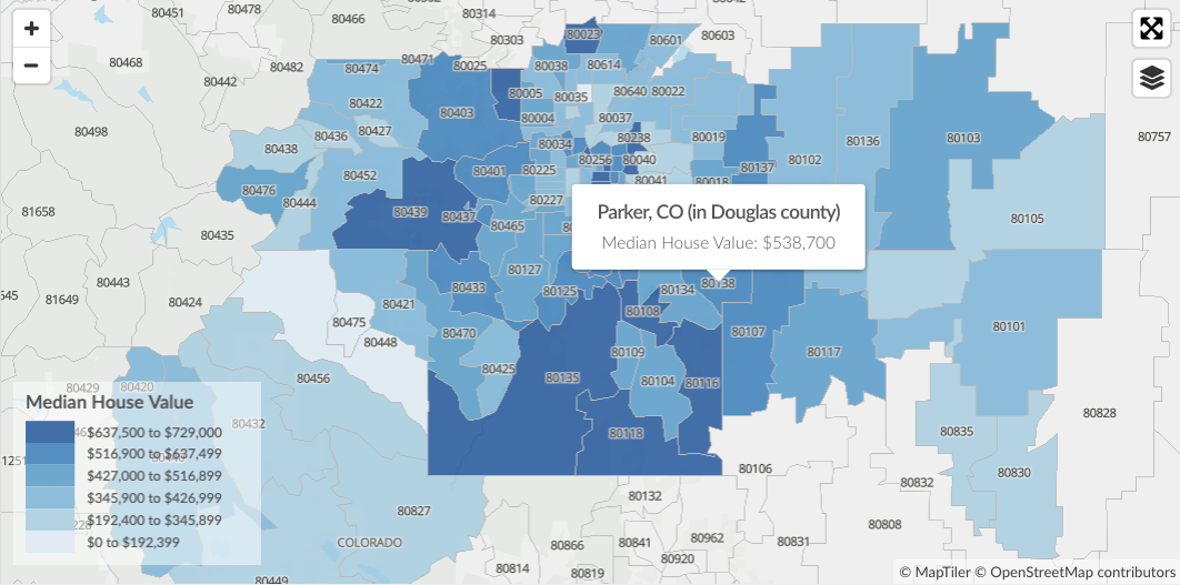 Median home value by ZIP in the Denver-Aurora-Lakewood, CO MSA.