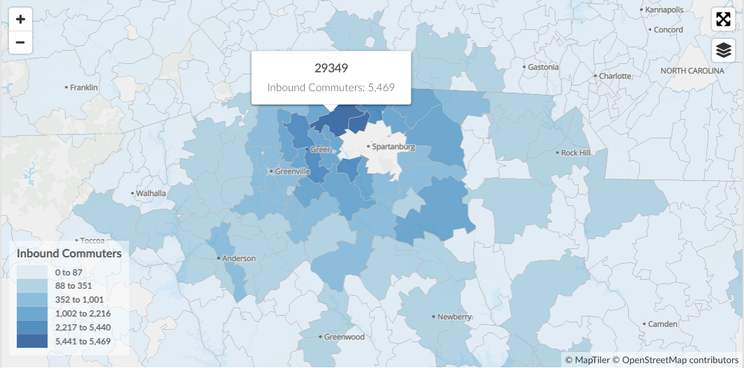 Inbound commuters to the Spartanburg, SC by ZIP code.