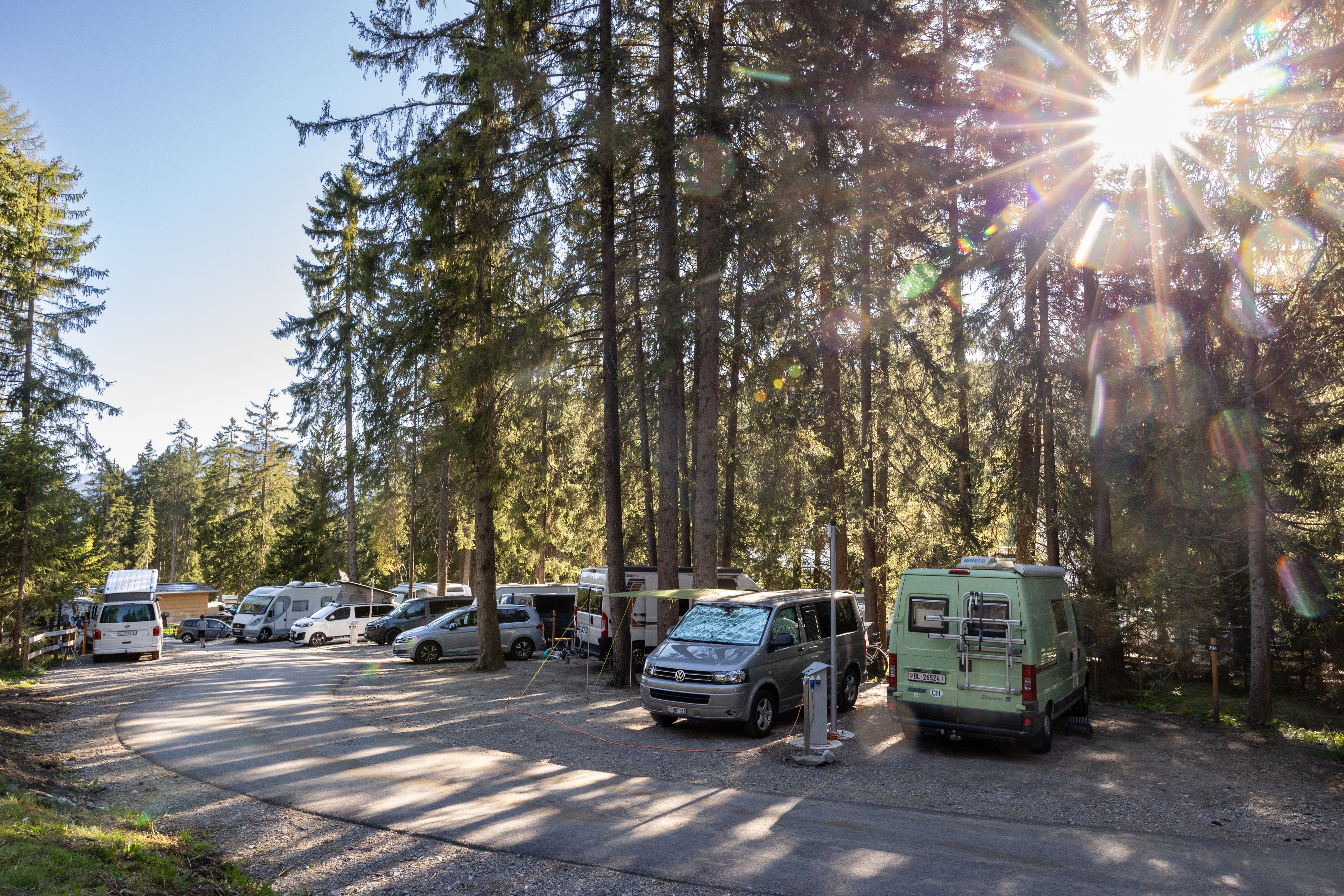 Wohnmobile auf Stellplatz mit Sonnenlicht durch die Bäume, Camping Gravas
