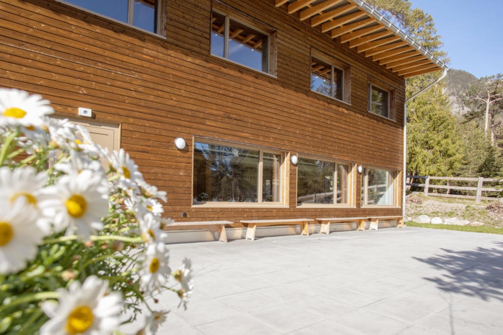 Ferienhaus mit blühenden weissen Blumen vor dem Eingang
