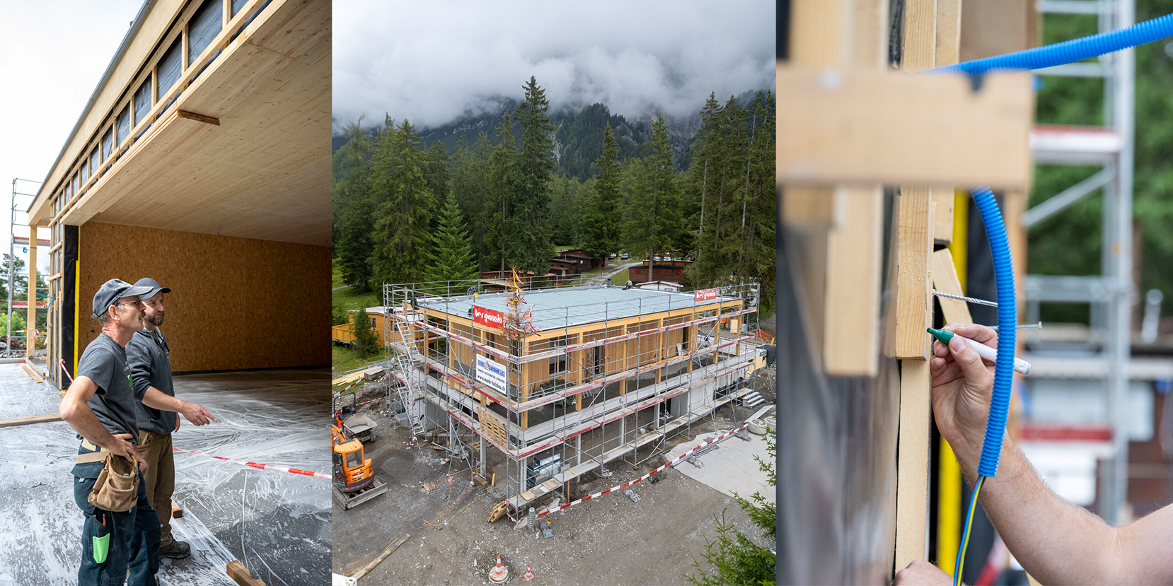 Bauteam im Einsatz Camping Lenzerheide Bauarbeiter bei Konstruktionsarbeiten an einem Holzgebäude
