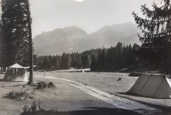 Historische Schwarzweiss-Aufnahme der Zufahrtsstrasse mit Bergpanorama