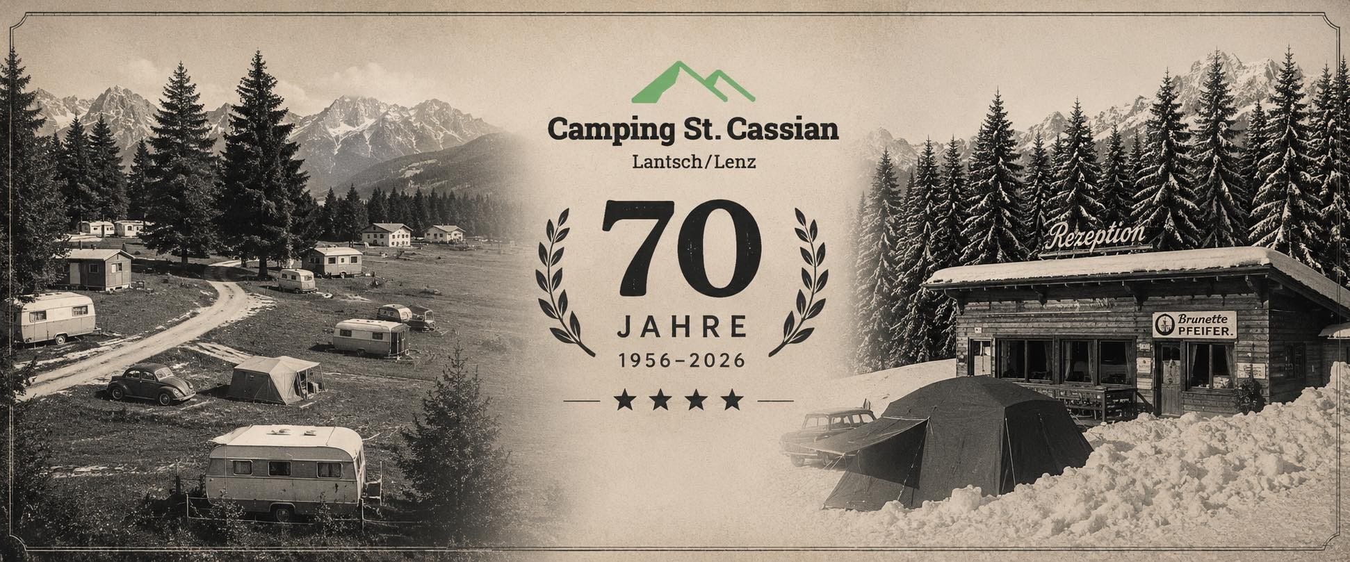 Jubiläumspostkarte "70 Jahre" mit historischer Ansicht des Campingplatzes