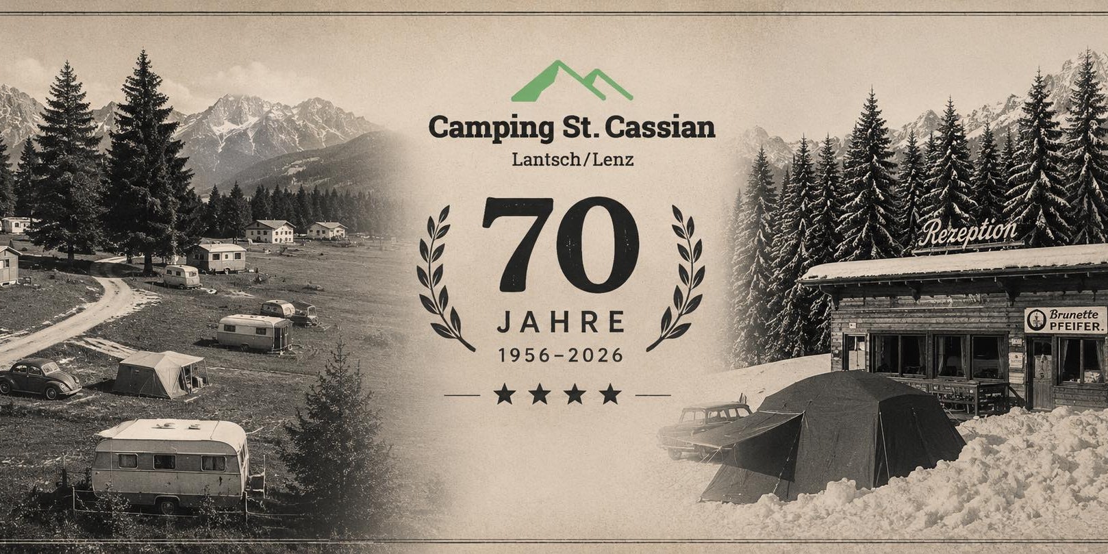 70 Jahre Camping St. Cassian Jubiläumspostkarte "70 Jahre" mit historischer Ansicht des Campingplatzes
