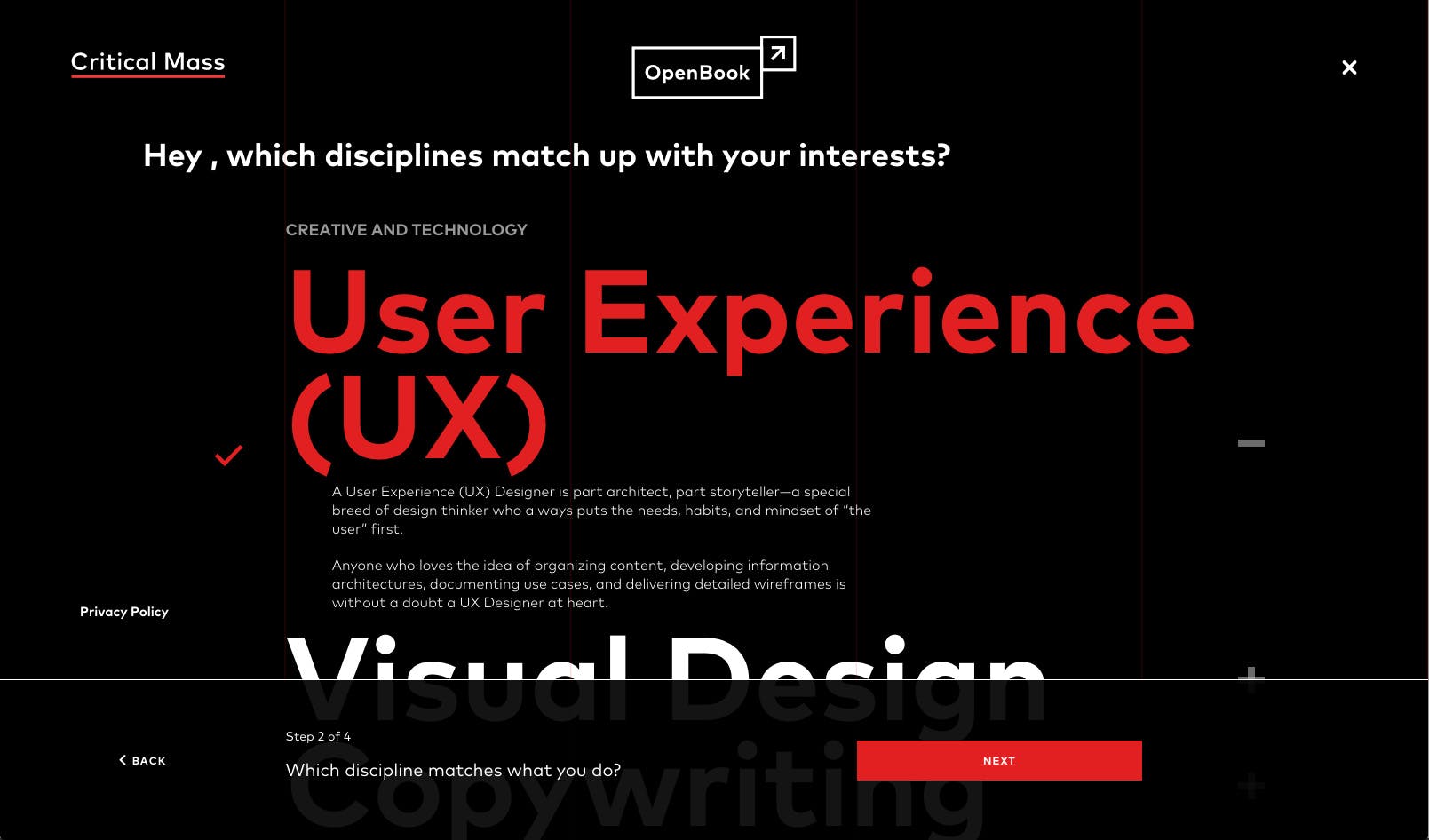 Step 1: Large responsive text with description accordian. Again abiding by columns