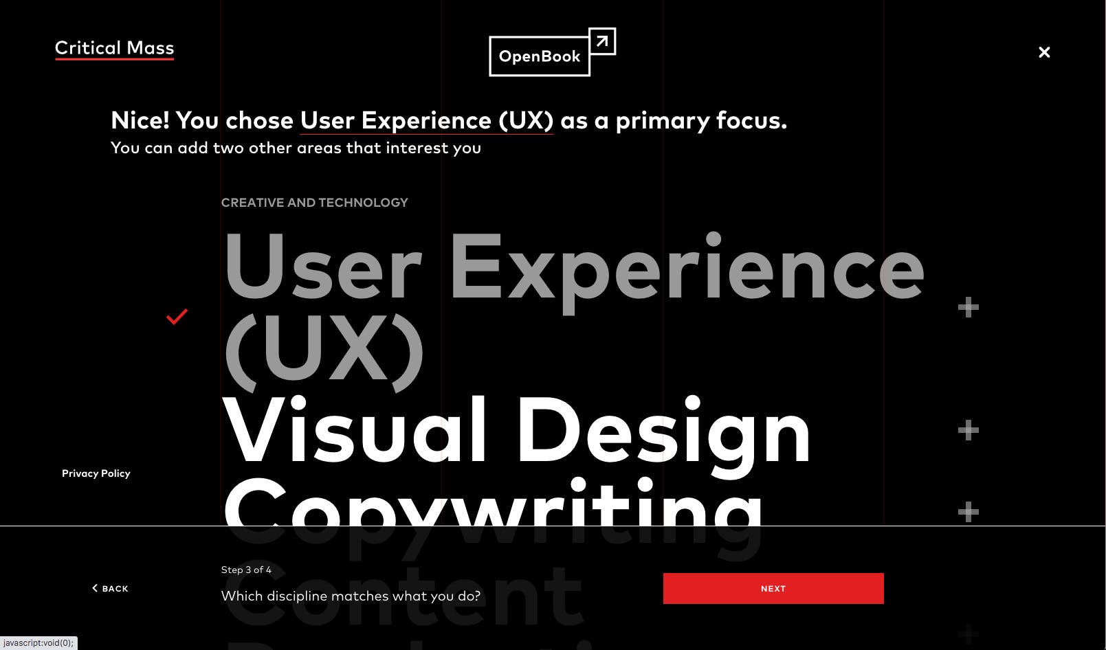 Step 2: More options holding user selections
