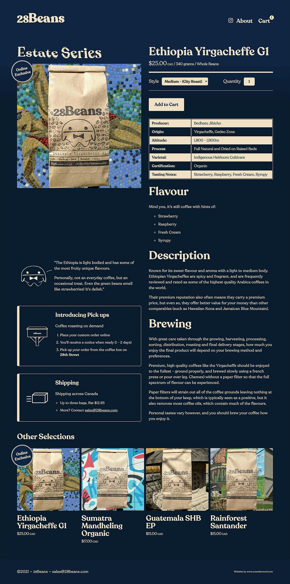Product pages give you all the info you need as well as shipping info, personal anecdotes and other coffee options