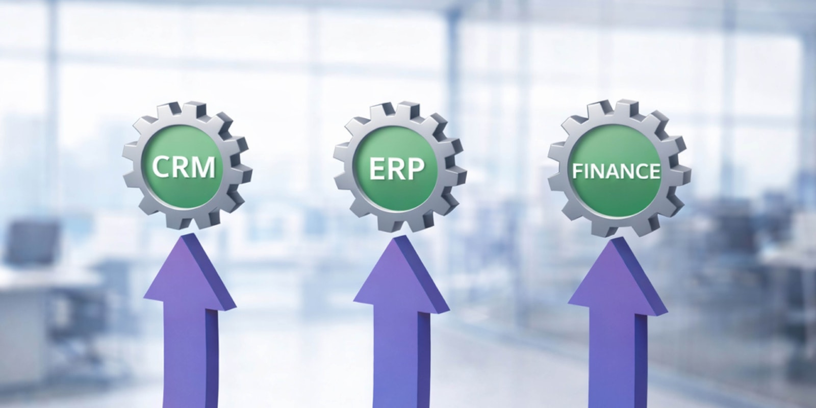 Upward arrows pointing to ERP, CRM, and finance systems represented by gears to illustrate scalable business technology solutions