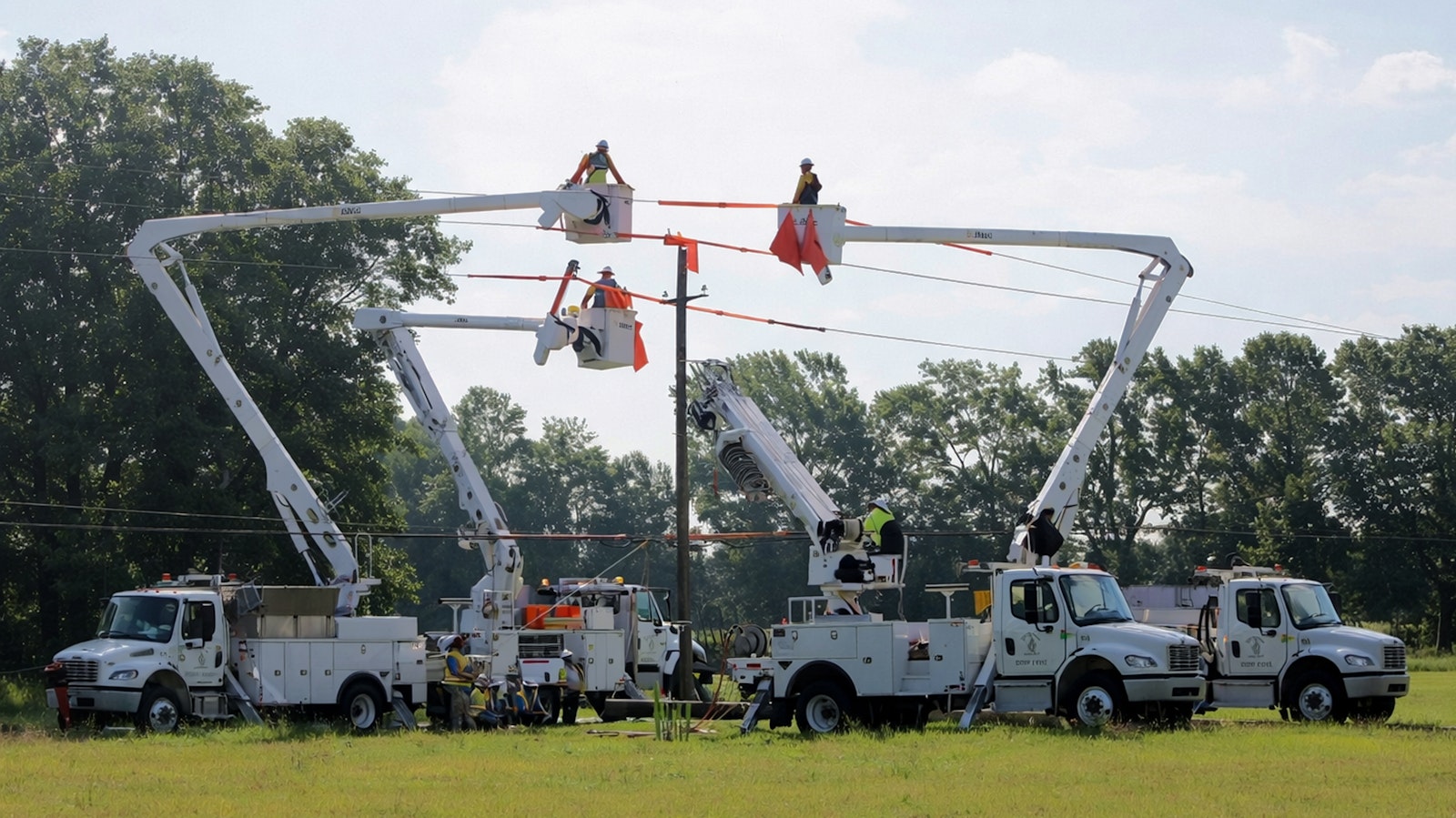 Landscapers using cherry picker trucks to perform tree care work, representing business growth and operational efficiency