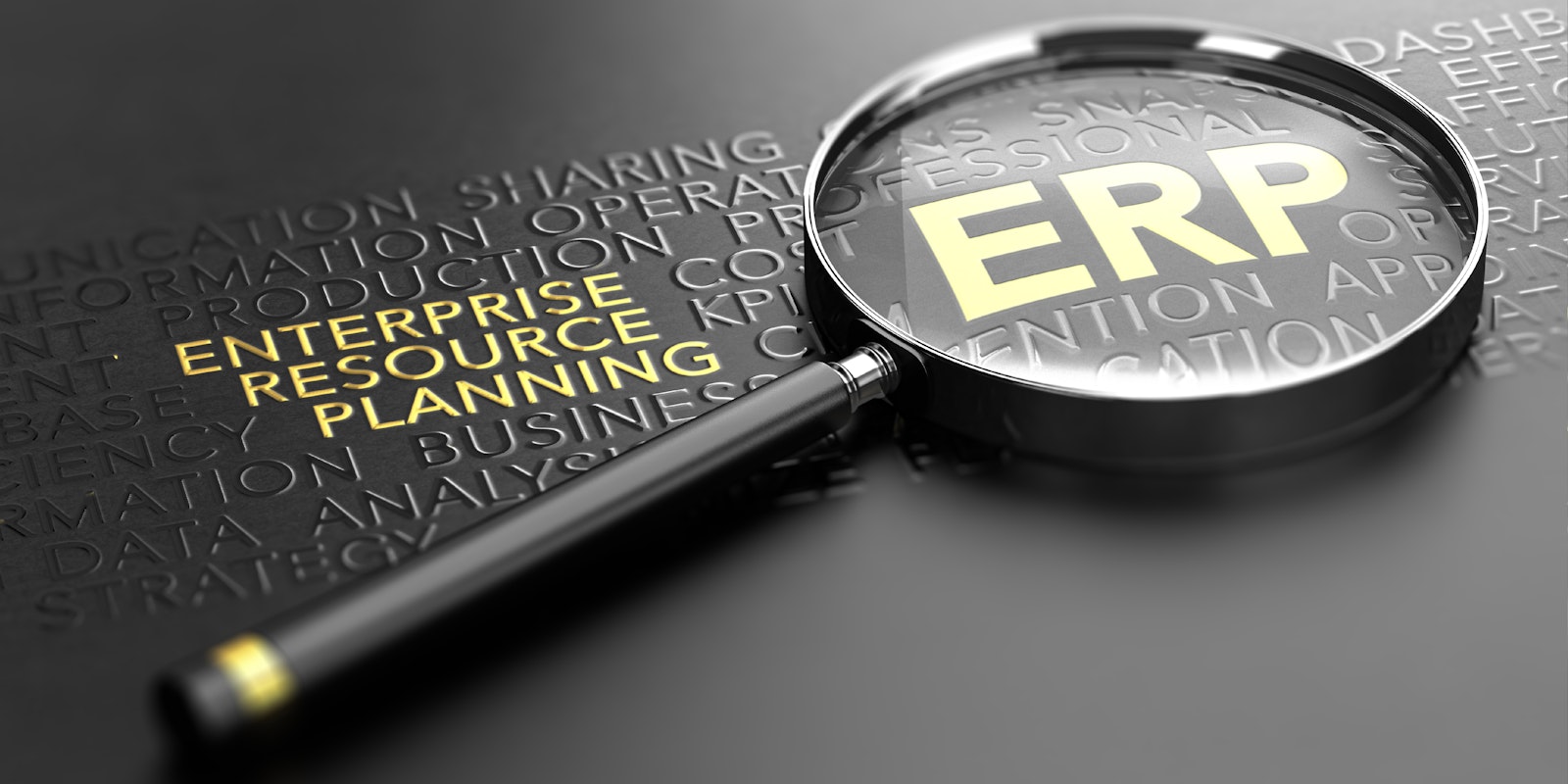 Magnifying glass over ERP text representing analysis and optimization of enterprise resource planning integrations