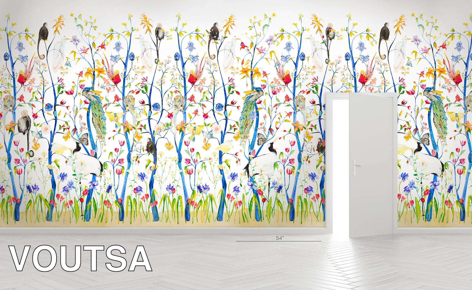 A decorative floral wall with an open doorway symbolizes Voutsa's transition to more connected, scalable creative operations through automation and integration.