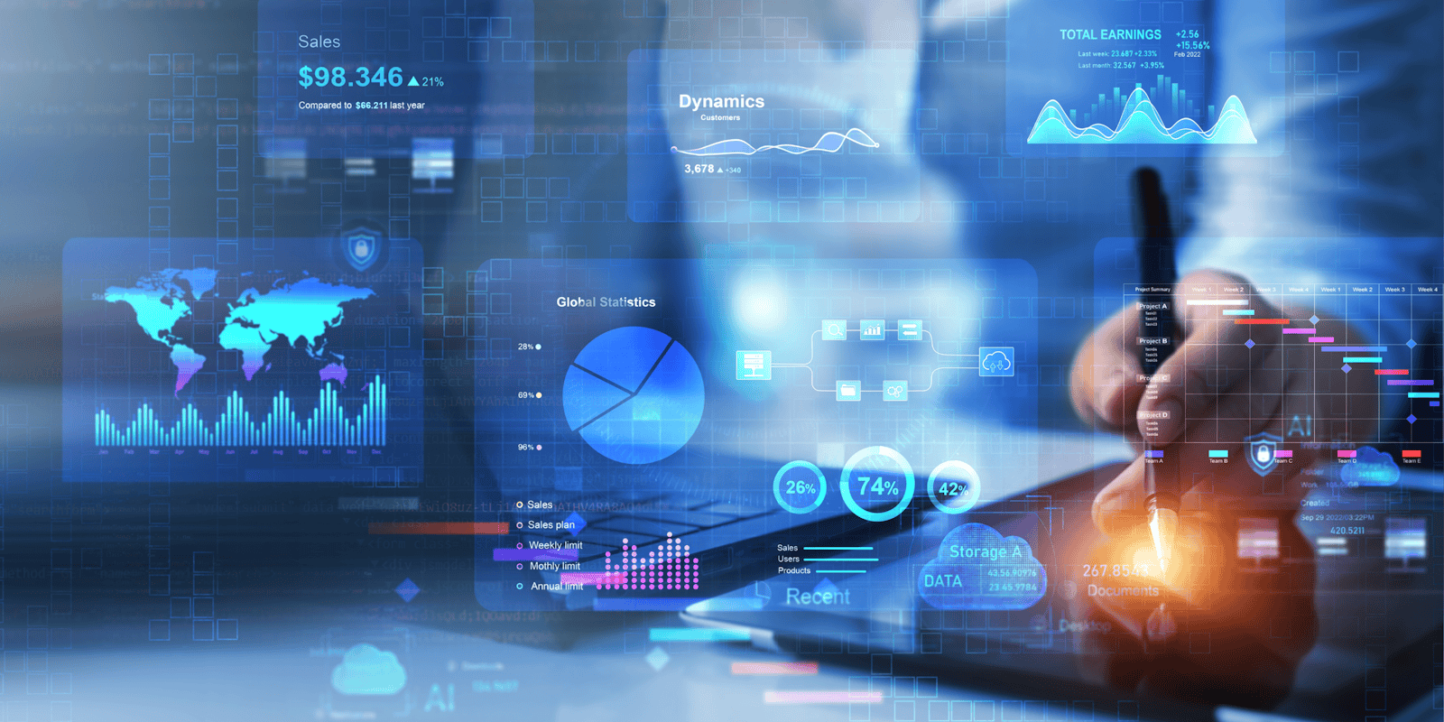 Floating business icons and performance metrics representing the MindCloud and Paystand partnership to streamline order-to-cash workflows through integrated business systems.