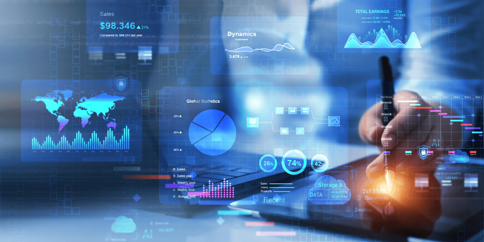 Floating business icons and performance metrics representing the MindCloud and Paystand partnership to streamline order-to-cash workflows through integrated business systems.
