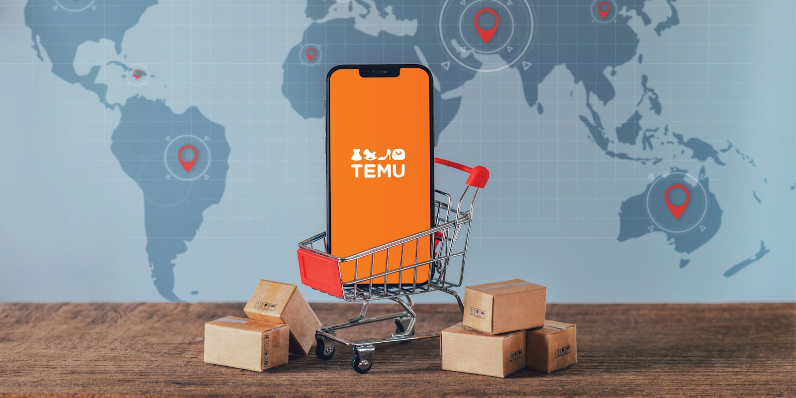 Temu marketplace integration illustration featuring a shopping cart, mobile app, product boxes, and global map representing ecommerce automation and merchant connectivity with MindCloud.