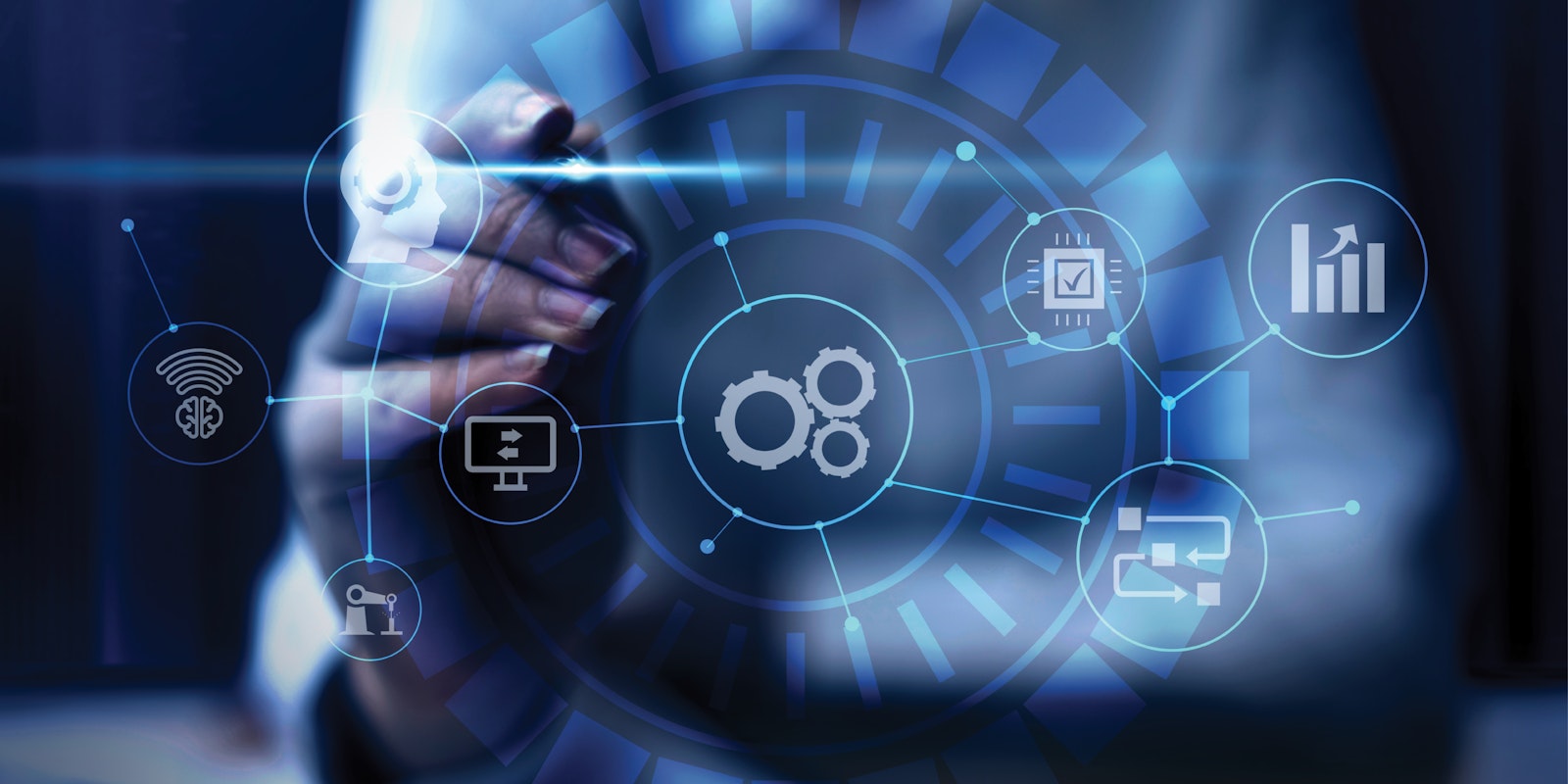 AI-driven integration illustration with connected workflow icons representing enterprise automation, intelligent workflows, and seamless business system connectivity.
