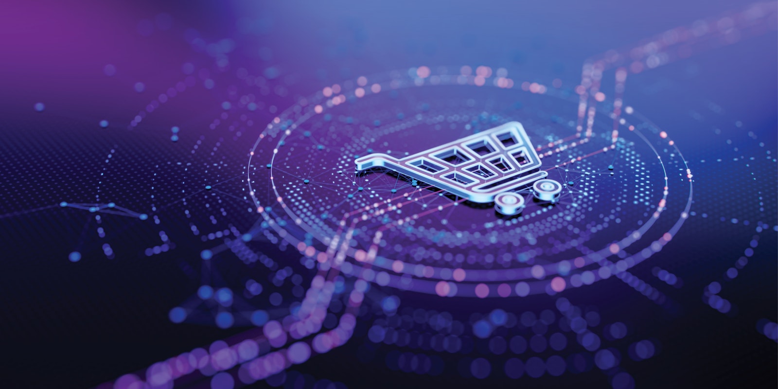 ShipHawk WMS and SAP integration graphic featuring a shopping cart icon on a digital technology background representing warehouse automation and streamlined fulfillment operations.