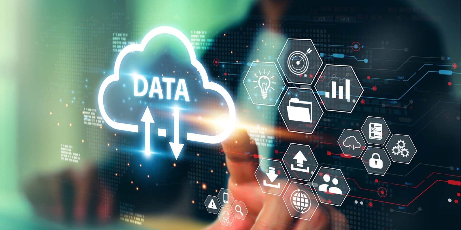 Graphic of a cloud labeled "Data" with bidirectional arrows representing secure, automated data flows between Acumatica and other business systems.