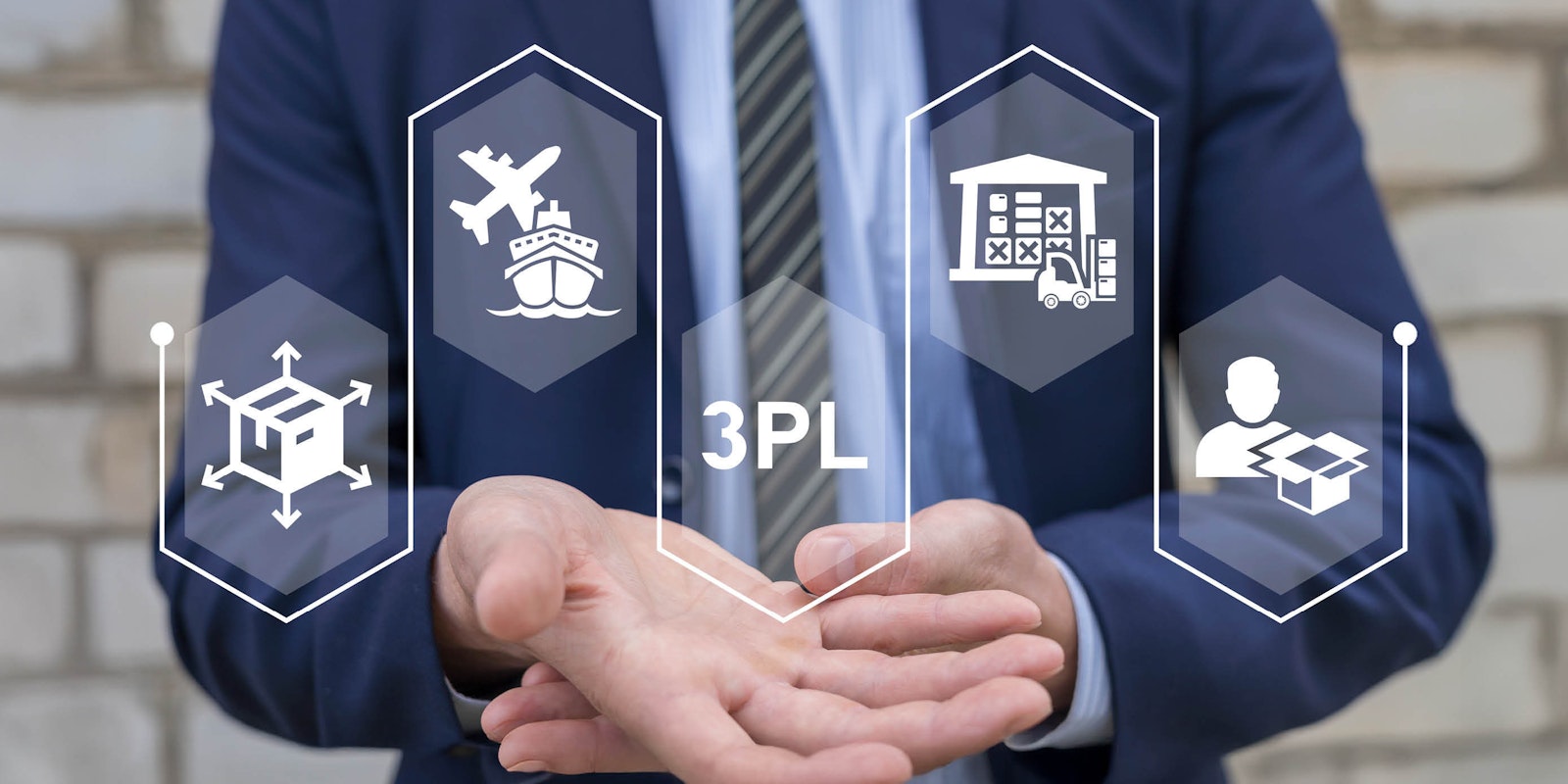 Graphic with logistics icons including a ship, airplane, forklift, package, and warehouse worker, representing automated exception management for 3PL operations.