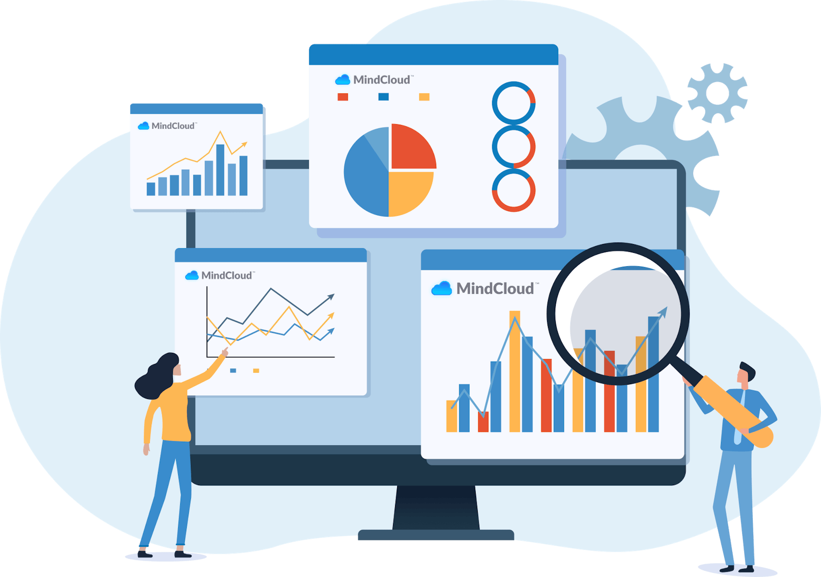Vector illustration of a laptop displaying charts and graphs with a magnifying glass, representing the comparison of self-service, white-glove, and hybrid iPaaS integration models.