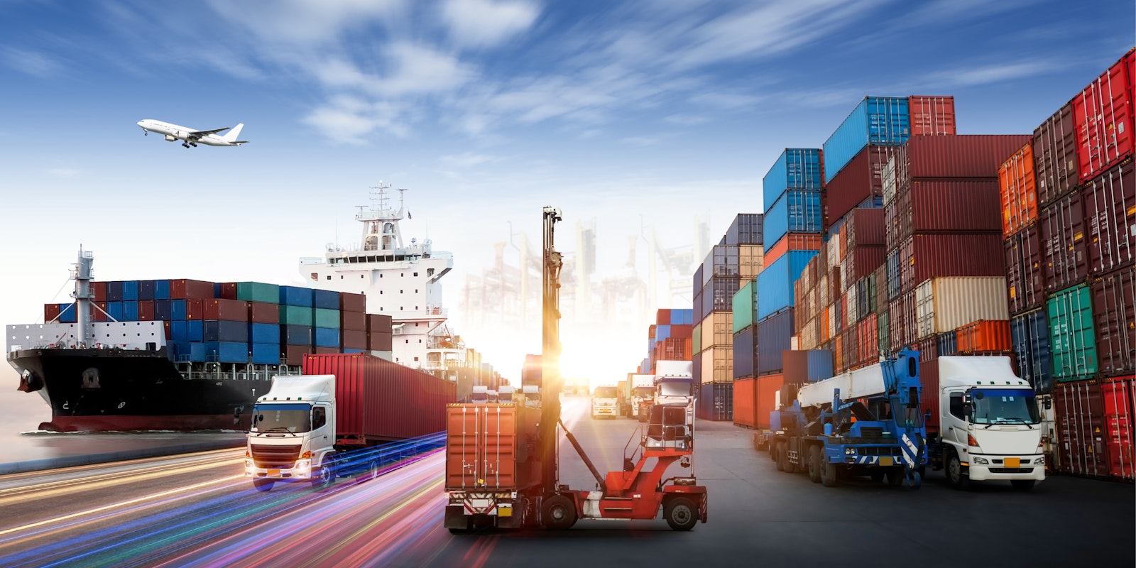 Illustration of shipping containers, trucks, and a cargo ship representing global trade, supply chain changes, and the need for agile business integrations.