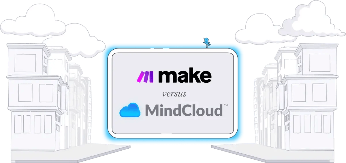 Floating comparison screen showing Make versus MindCloud, representing a comparison of automation platforms and integration solutions.
