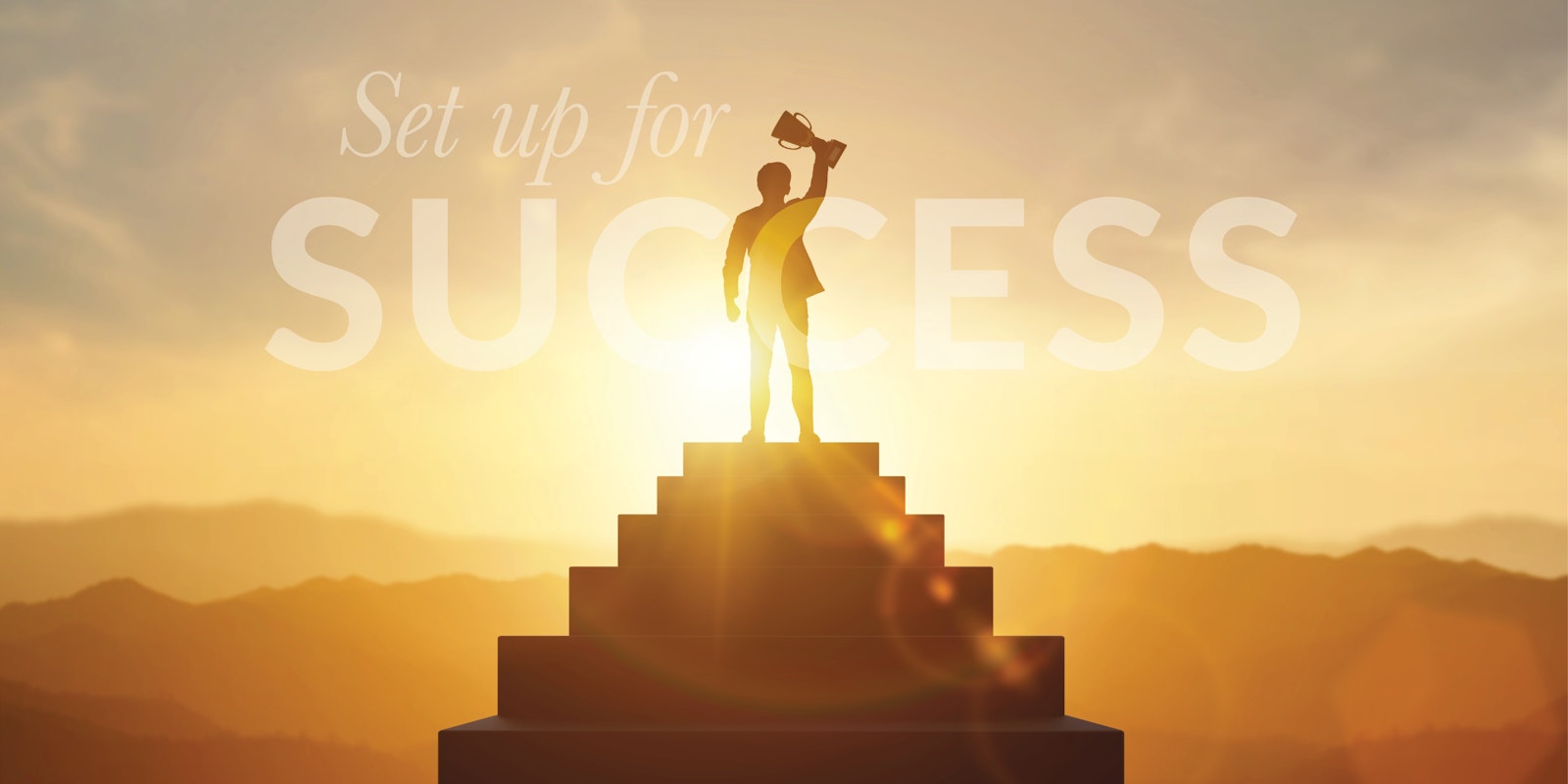 Illustration of a person standing at the top of a pyramid holding a trophy with a golden sun labeled "Set Up for Success," representing enterprise success with advanced low-code iPaaS solutions.