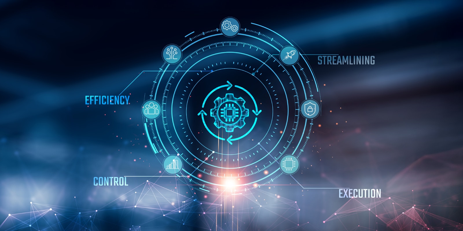 Technology graphic featuring a gear icon with the words "Streamlining," "Execution," "Efficiency," and "Control," representing optimized ServiceTitan and NetSuite integrations for HVAC businesses.