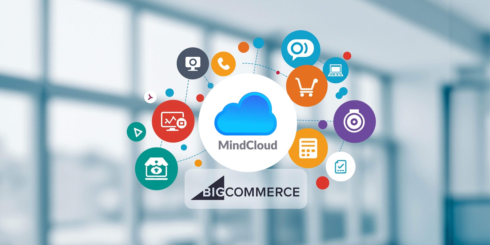 Graphic featuring MindCloud and BigCommerce logos surrounded by marketplace icons, representing MindCloud’s availability on the BigCommerce Marketplace for ecommerce integrations.