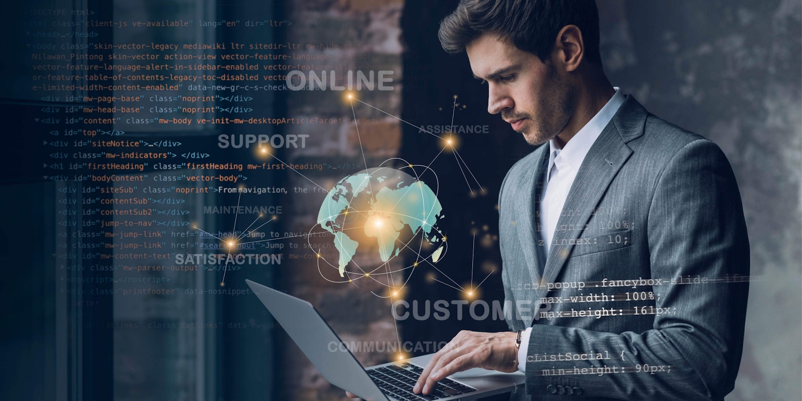 Illustration of a person holding a laptop with a floating globe graphic above it, representing global connectivity and integration through an iPaaS platform.