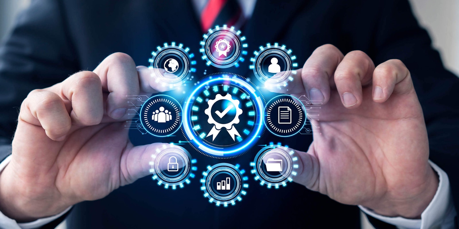 Graphic featuring interconnected gears and business technology icons, symbolizing automated workflows and integration solutions powered by MindCloud.