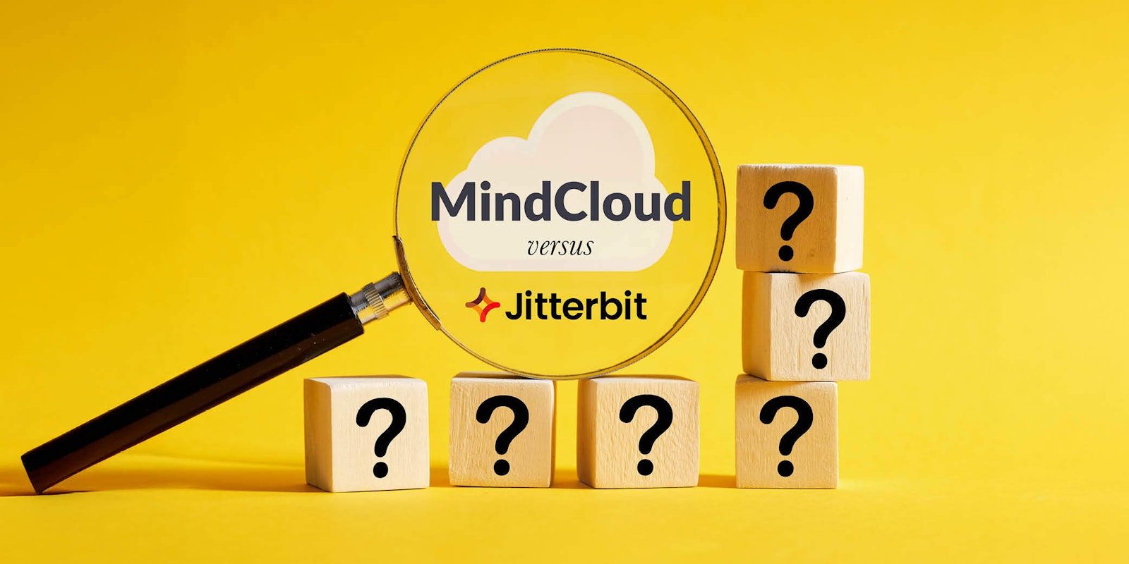 Graphic featuring a magnifying glass over MindCloud and Jitterbit logos with question mark blocks, symbolizing evaluating integration solutions and software options.