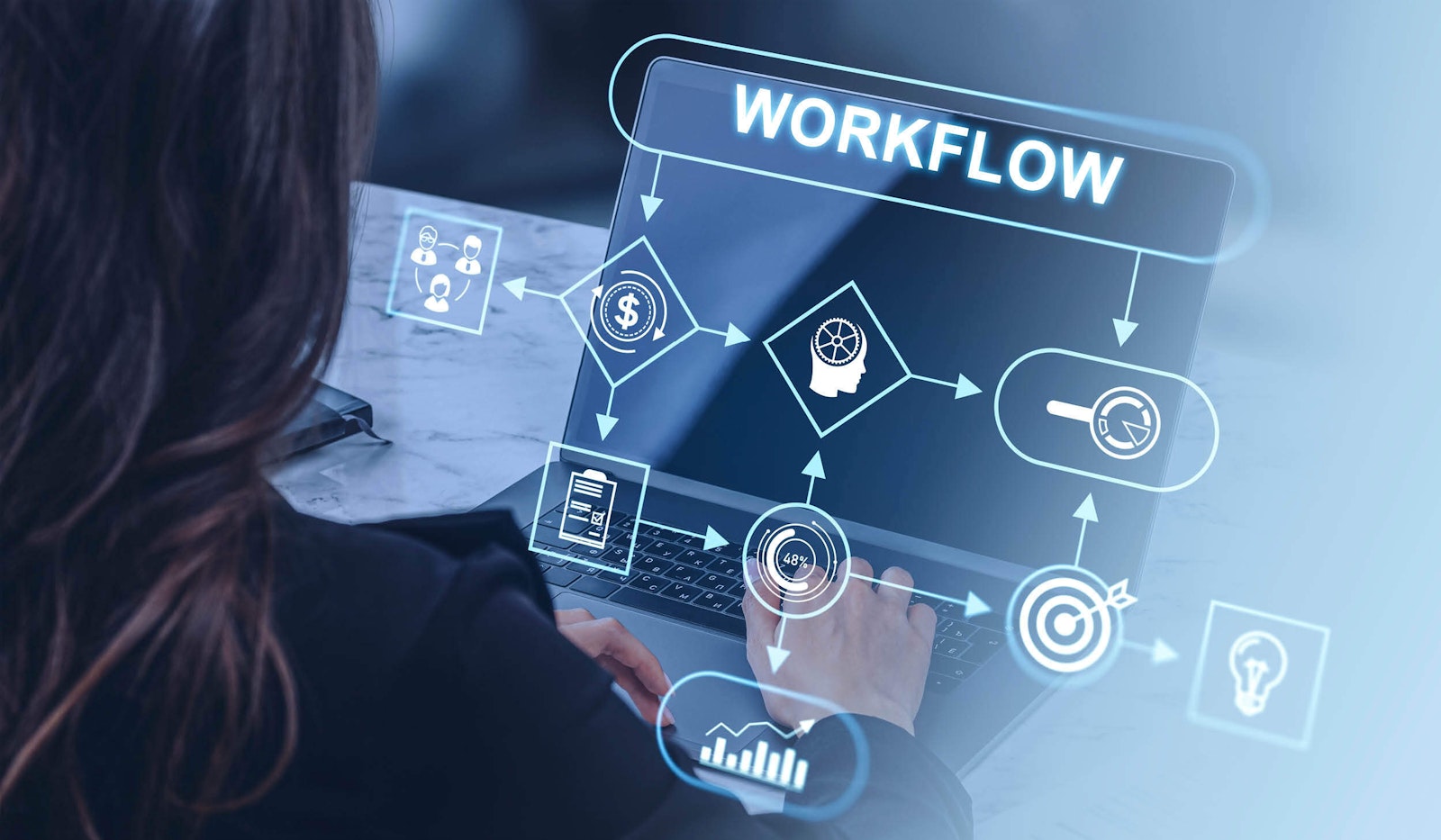 Illustration of a laptop displaying a workflow with connected workflow icons, representing building automated processes on MindCloud’s low-code automation platform.