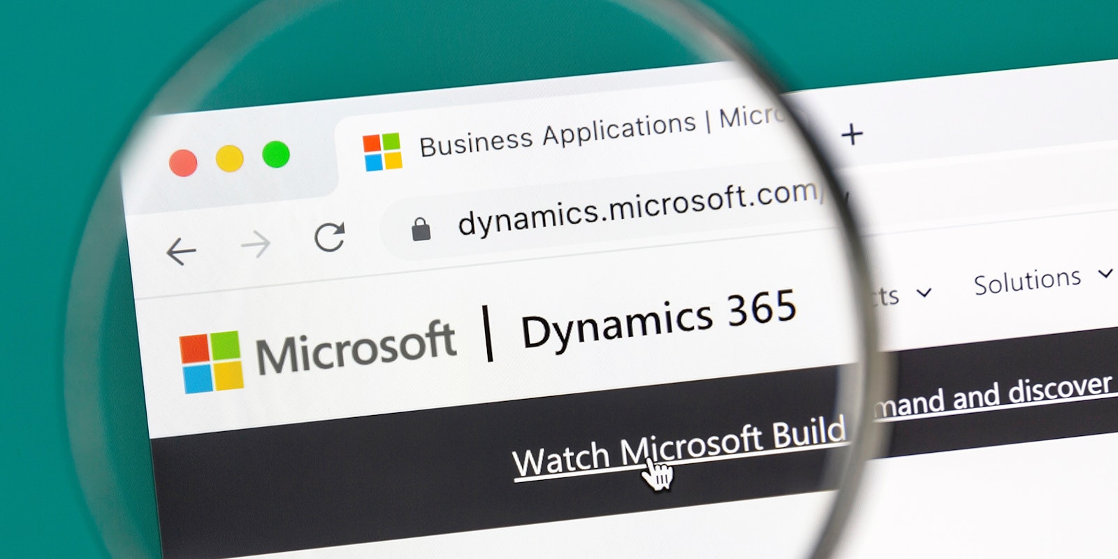 Graphic showing a magnifying glass highlighting the Microsoft Dynamics 365 logo in a browser, symbolizing the discovery and automation of connected business applications.