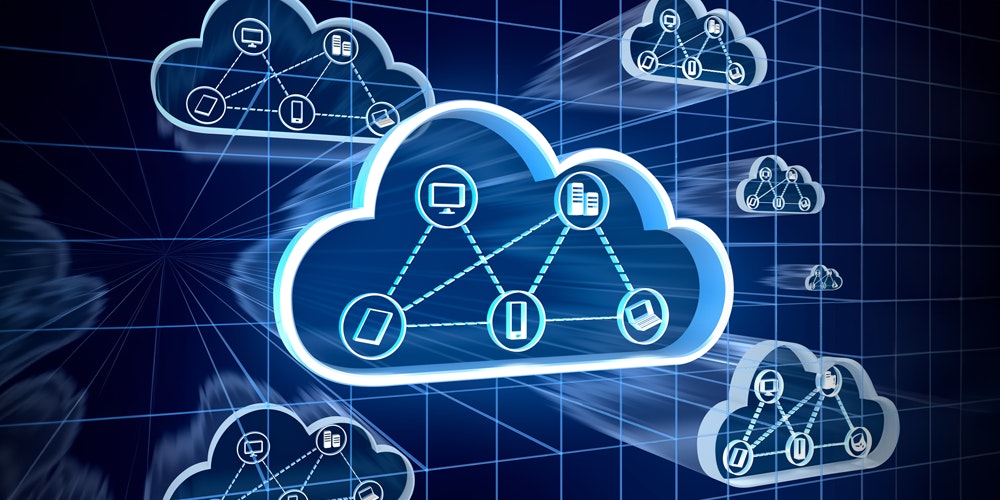 Graphic featuring cloud icons with connected business applications, symbolizing low-code integration and automated data flow across systems.