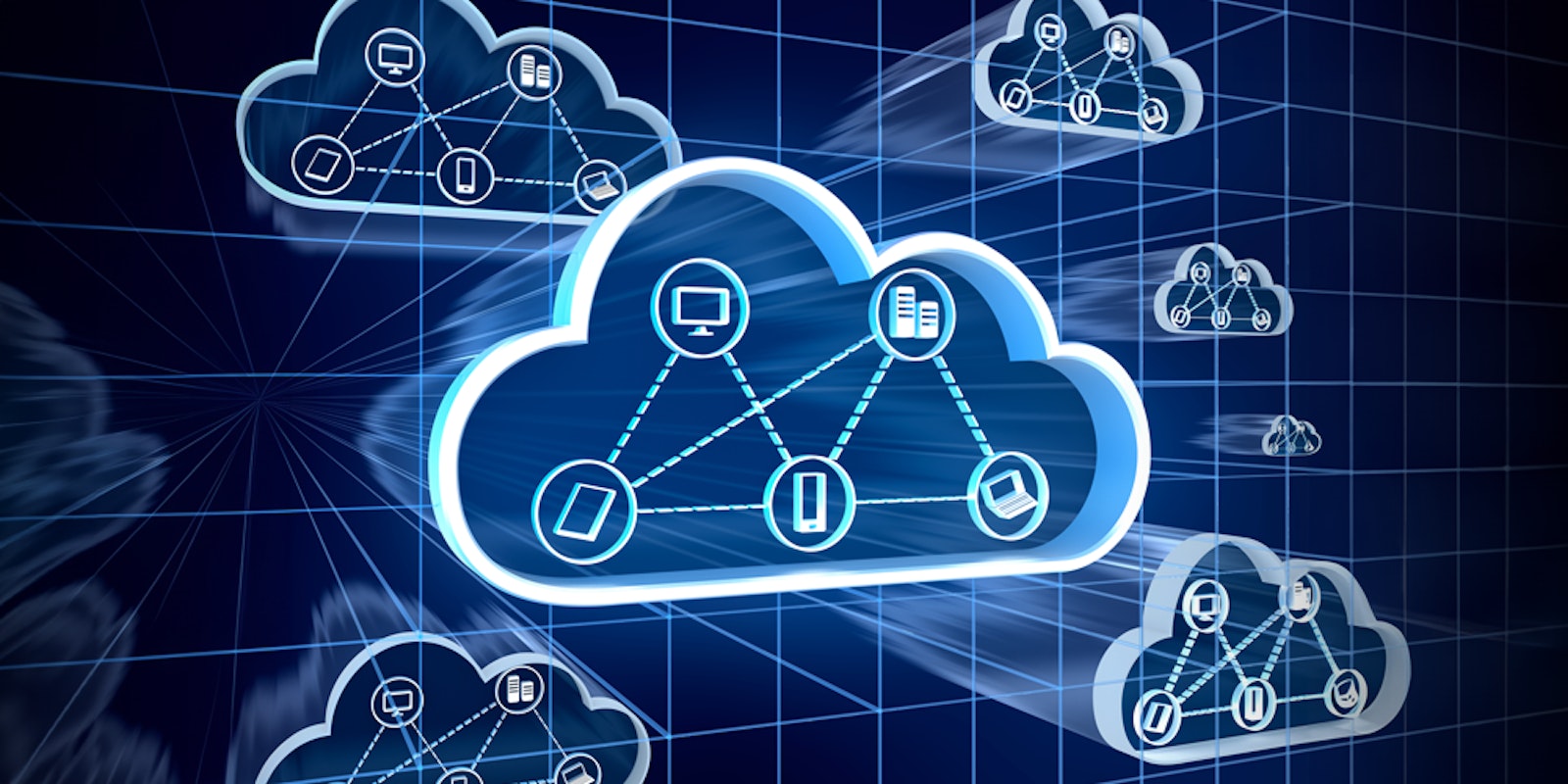 Graphic featuring cloud icons with connected business applications, symbolizing low-code integration and automated data flow across systems.
