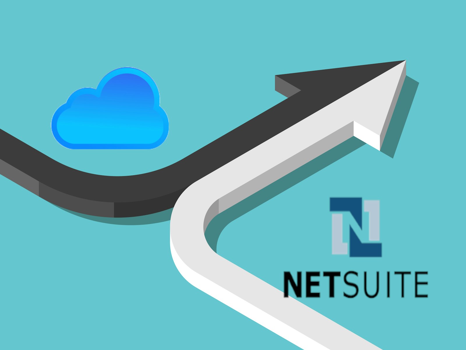 Graphic featuring the MindCloud and NetSuite logos connected by two halves of an arrow forming one complete arrow, representing seamless ecommerce integrations and unified data flow.