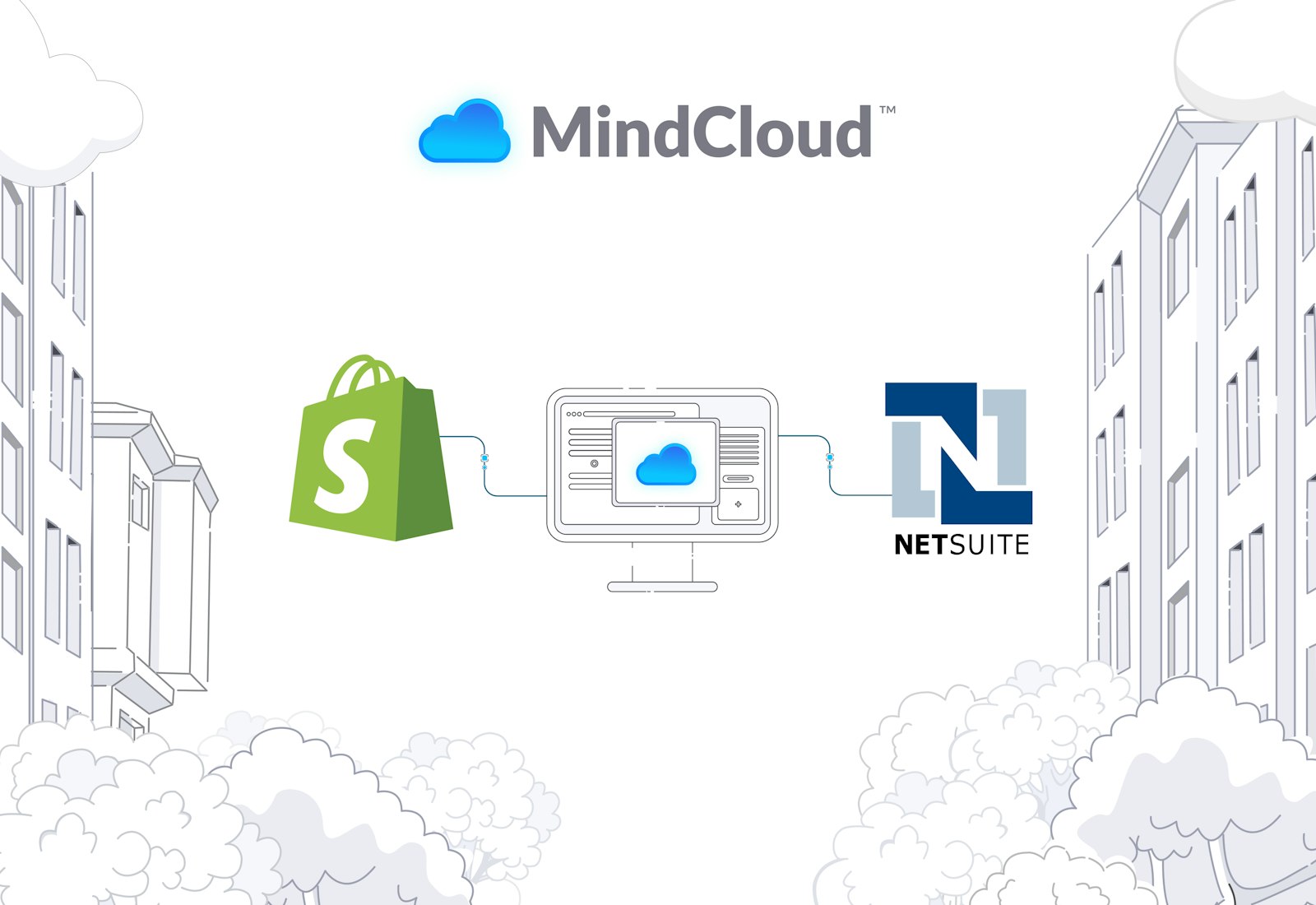 Graphic featuring the MindCloud logo in the center with Shopify and NetSuite logos on either side, representing seamless ecommerce and ERP integration.