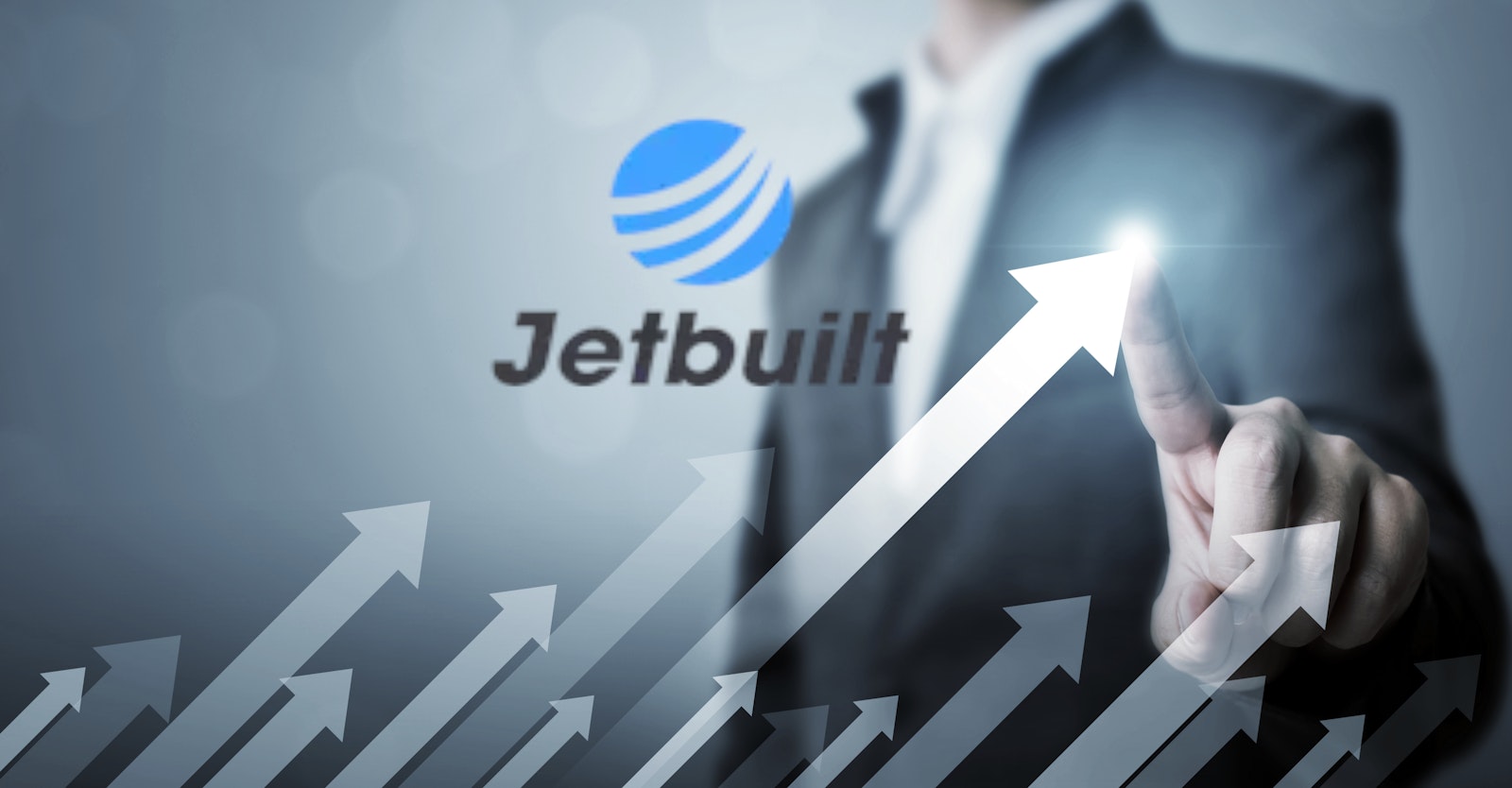 Graphic featuring the Jetbuilt logo and a person pointing to rising arrows, symbolizing business growth, automation, and connected project workflows.