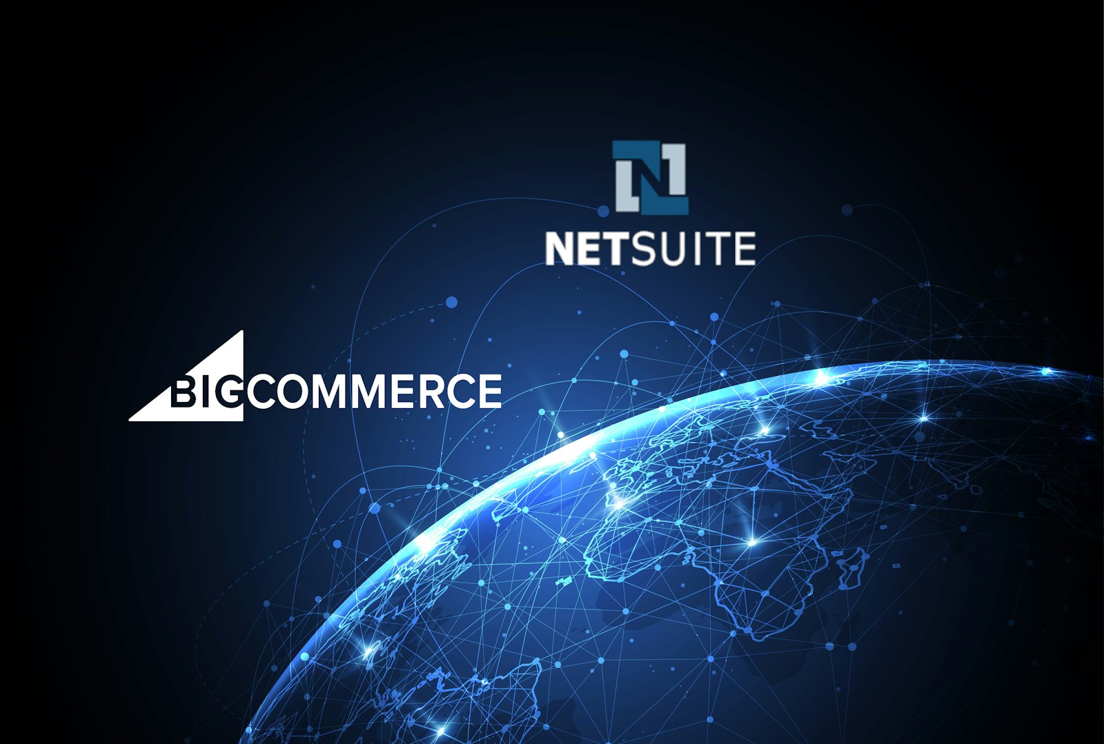 Graphic showing a technology globe with BigCommerce and NetSuite logos, representing unified data flow between ecommerce and ERP platforms.