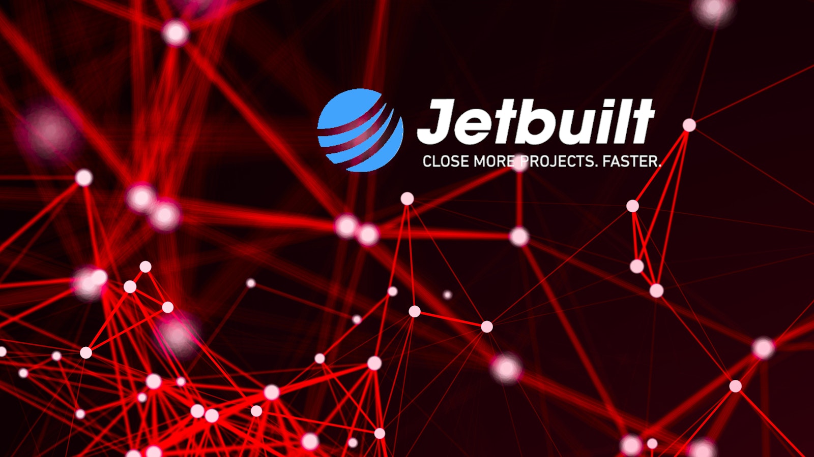 Graphic featuring the Jetbuilt logo within a network of connected lines, symbolizing collaboration, data sharing, and streamlined project workflows.