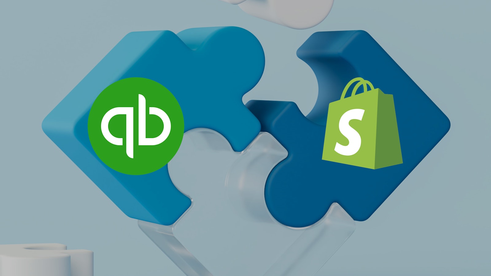 Graphic showing Shopify and QuickBooks logo puzzle pieces coming together, symbolizing seamless ecommerce and accounting data connectivity.