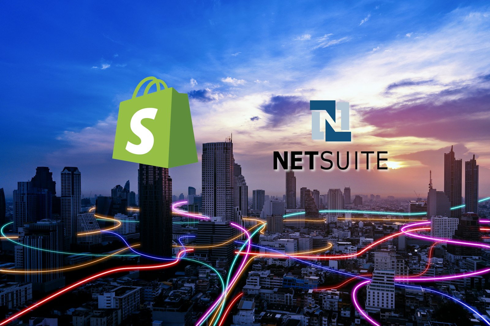 Graphic featuring the NetSuite and Shopify logos over a city skyline with sunset lighting, representing ecommerce and ERP integration solutions.