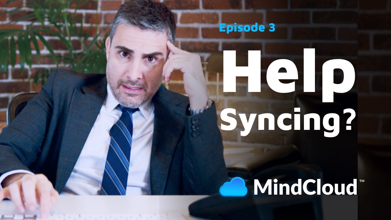 Illustration of a person looking stressed with the text "Help Syncing?" and MindCloud logo, representing challenges with data synchronization and integration troubleshooting.