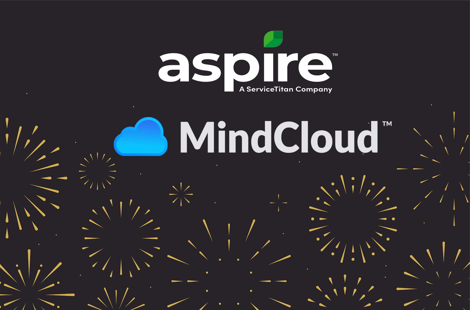 Graphic featuring MindCloud and Aspire logos on a black background with yellow fireworks, celebrating the official partnership between the two companies.