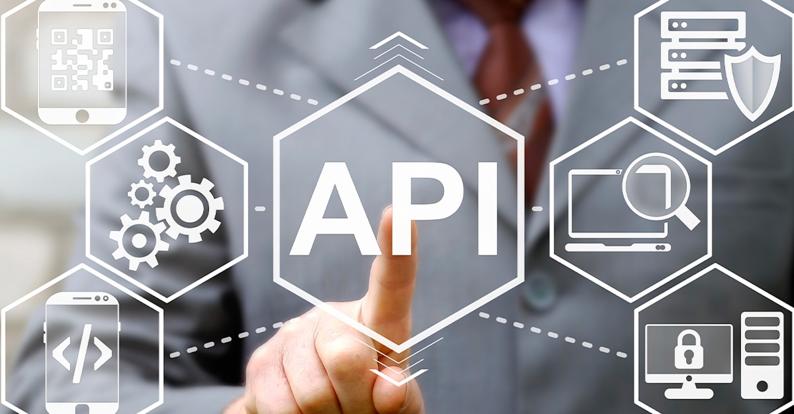 Graphic featuring an API symbol with connected business icons, representing automated workflows, application connectivity, and data exchange.