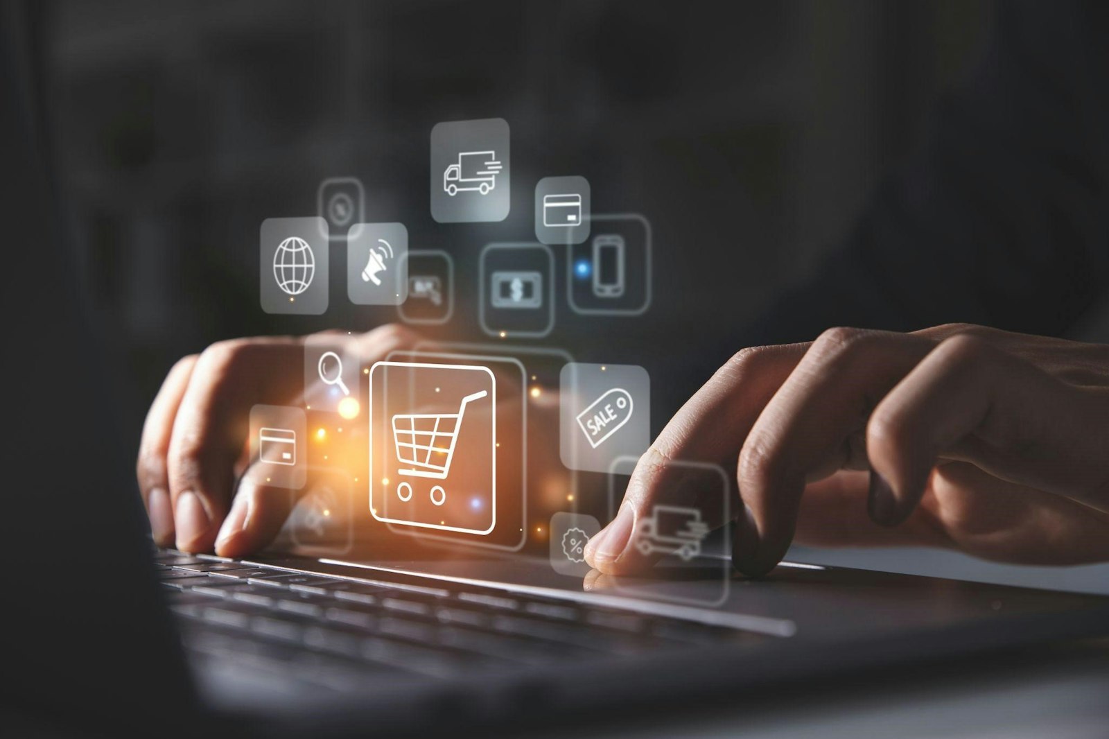 Graphic showing a person typing on a keyboard with ecommerce icons floating above, symbolizing automated data flow between online commerce platforms.