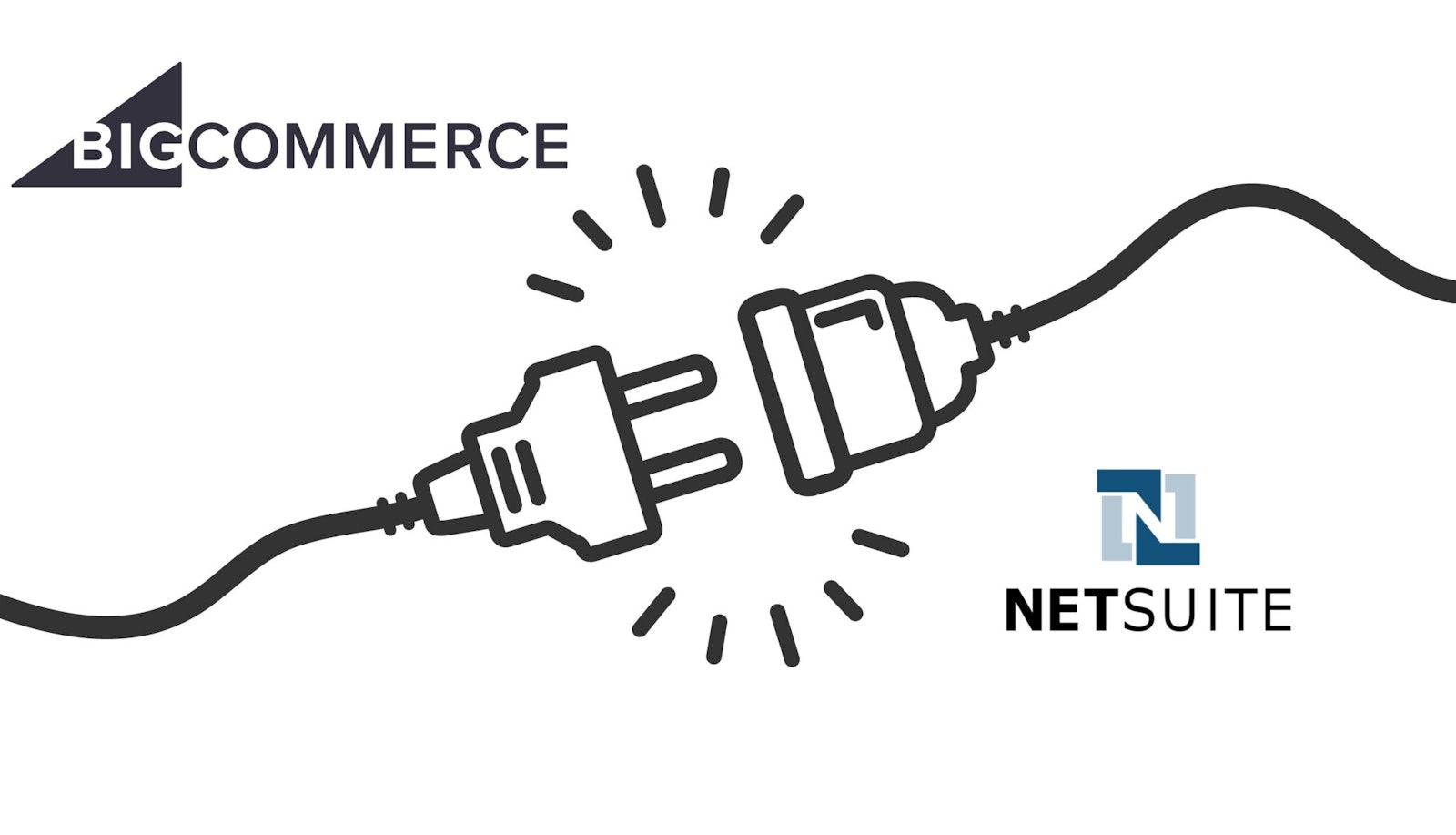 Graphic showing BigCommerce and NetSuite logos connected by a digital cable, symbolizing data flow, automation, and ecommerce system integration.