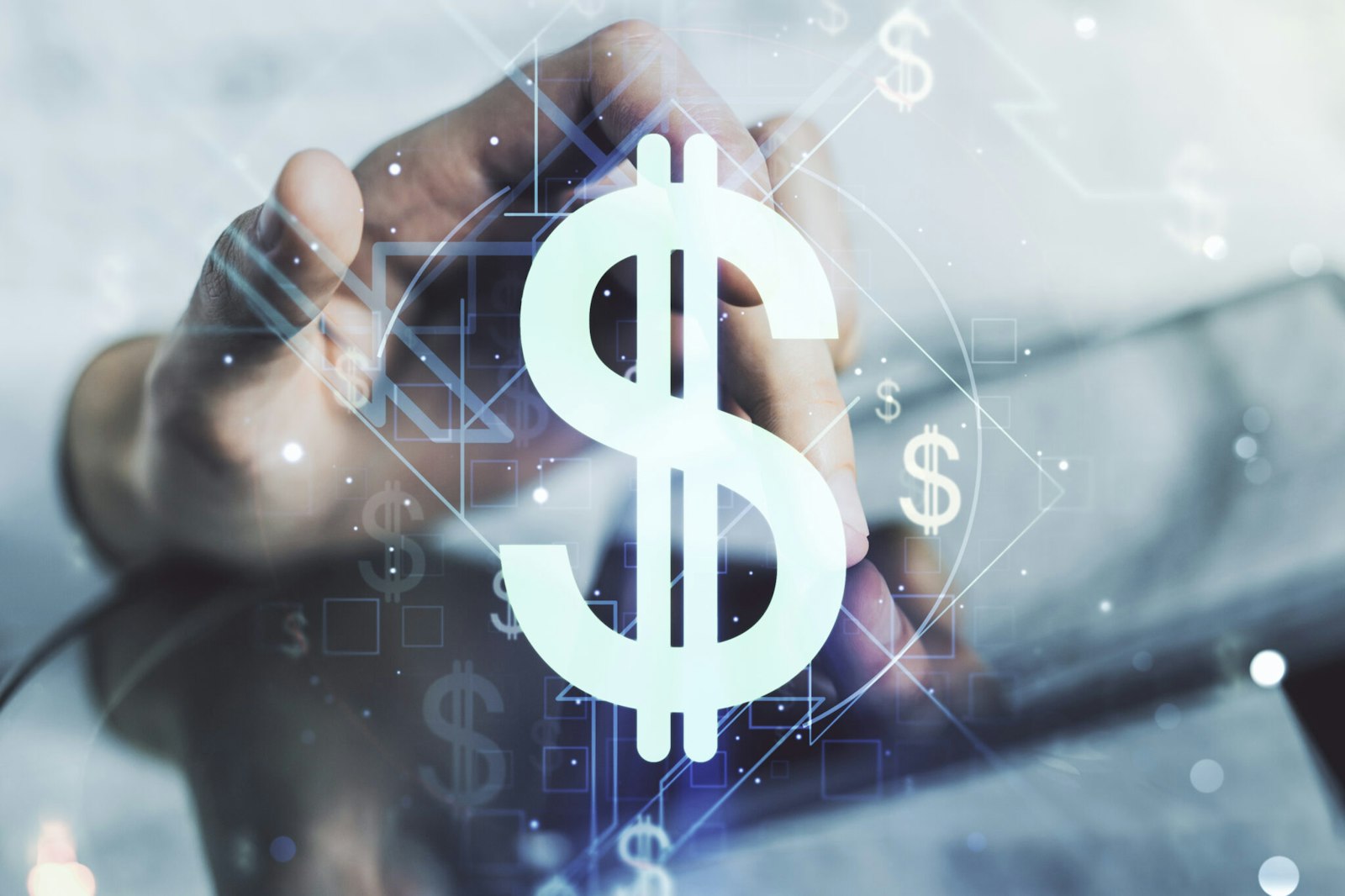 Graphic featuring a person using a tablet with a dollar sign symbol, representing budgeting and evaluating costs for integration platforms.