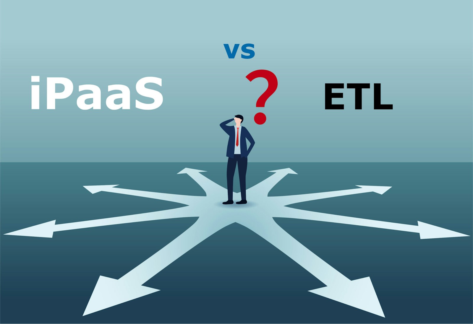 Illustration of a person standing between iPaaS and ETL options with arrows leading to multiple paths, representing different data integration approaches and decision-making.